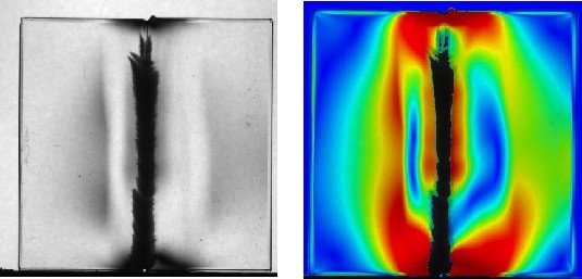 Geschwei�te Probe aus Glas und Spannungsverteilung in der Probe (rot - hohe Span