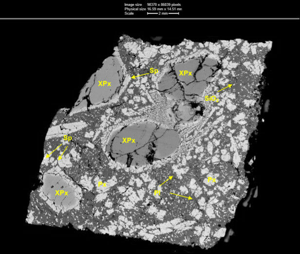 R�ckstreuelektronenbild des Gef�ges eines D�nnschliffes von EC 002. Gro�e Krista