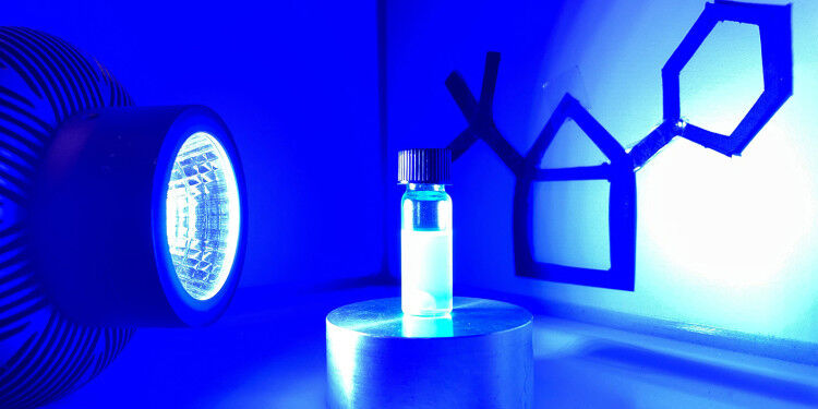 The chemists used this experimental setup to synthesise housane. The blue light