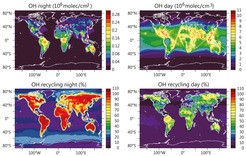 Eine Weltkarte der modellierten Hydroxyl-Recycling-Effizienz während des Ta