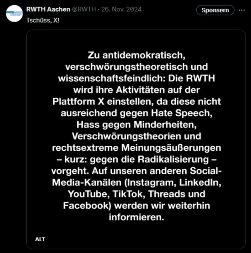 Die RWTH Aachen ist bereits im November 2024 mit diesem Tweet bei der Plattform