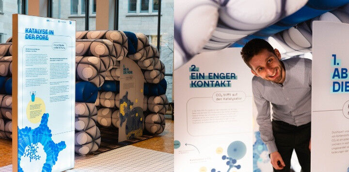 Ein Besucher der Ausstellung durchquert die lebensgroße Nachbildung einer Pore,